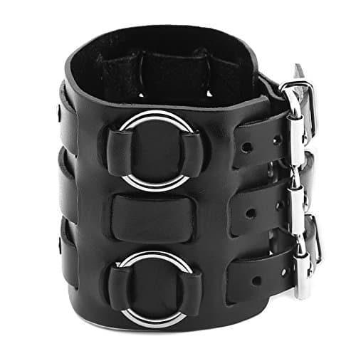 HZMAN Silver Tone Men's Alloy Bracelet with Genuine Leather Cuff Adjustable