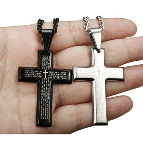 LOYALLOOK 2pcs Men's Stainless Steel Silver Tone Cross Pendant Necklace 24"