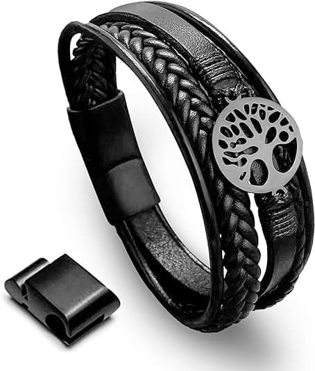 Men's Leather Tree of Life Bracelet with Tiger Eye Beads - Gift for Men