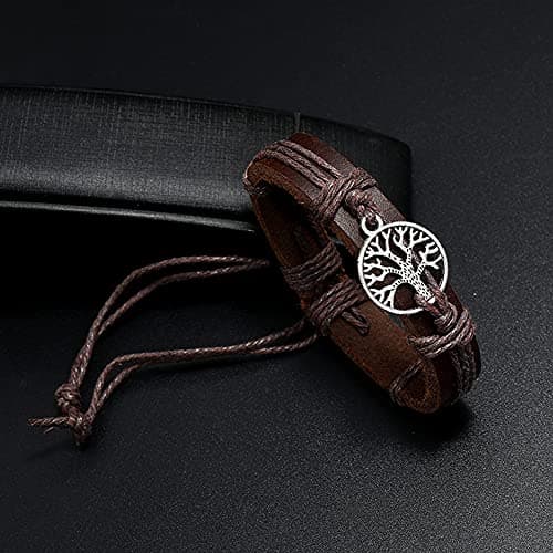 INMOFN Vintage Brown Leather Bracelet with Metal Tree of Life Pendant