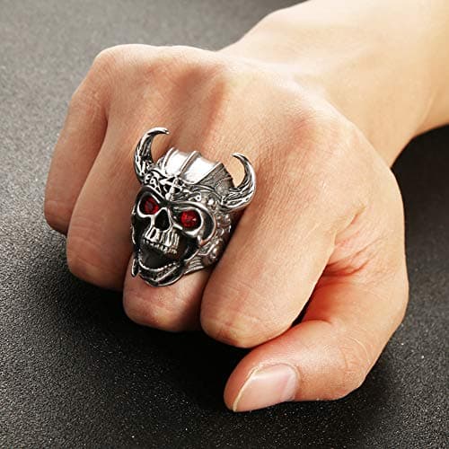HZMAN Men's Stainless Steel Gothic Skull Ring Warrior Ring with Red Eyes