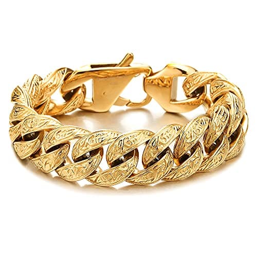 Vintage Stainless Steel Men's Curb Chain Bracelet with Tribal Tattoo Pattern