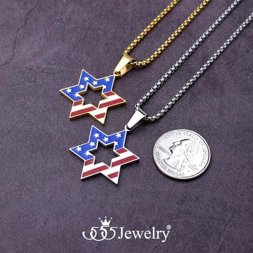 Stainless Steel Star of David & US Flag Necklace, 16-24" Chain