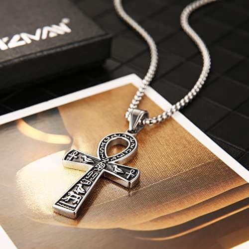 Stainless Steel Ankh Cross Pendant with Egyptian Hieroglyphic Symbol 22+2 Inch Chain