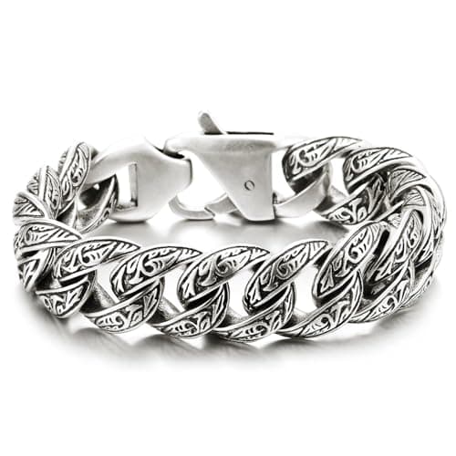 Vintage Stainless Steel Men's Curb Chain Bracelet with Tribal Tattoo Pattern