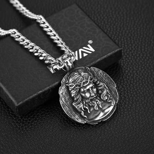 HZMAN Retro Stainless Steel Jesus Pendant Necklace for Men Amulet Jewelry Gift