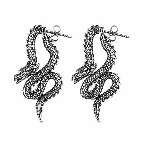 HZMAN Retro Dragon Earrings Stainless Steel Gothic Punk Dragon Head Stud Earring Party Jewelry Gift for Men Women