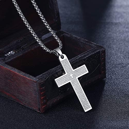 Men's Nail Lord's Prayer Cross Pendant Necklace 24" Stainless Steel Chain