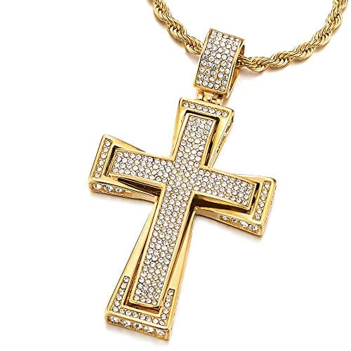 COOLSTEELANDBEYOND Mens & Womens Large Steel Cross Pendant Necklace with Cubic Zirconia