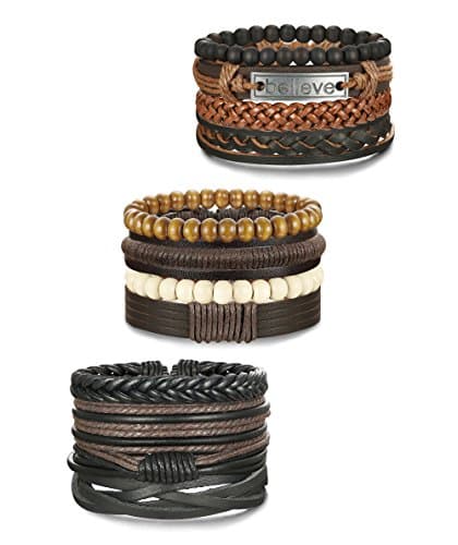 Jstyle 12Pcs Braided Leather & Wooden Men's Beaded Wrap Bracelets Adjustable