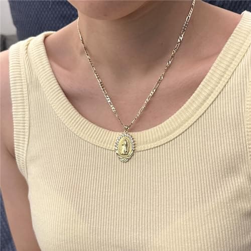 Kelistom 18K Gold Plated Virgin Mary Necklace, Oval Zircon Pendant & Figaro Chain