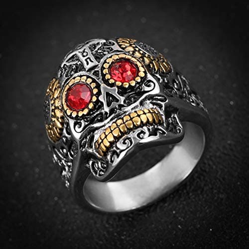 HZMAN Sugar Skull Rings for Men Women, CZ Eyes Stainless Steel Gothic Cross Jewelry
