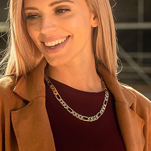 Beveled Figaro Chain Necklaces Real Gold Plated for Women and Men