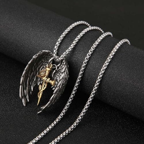 HZMAN Angel Wing Necklace, Stainless Steel Gothic Punk Cross Pendant Faith Amulet Jewelry Gift