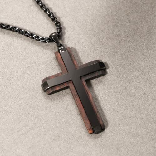 Ropartman Men's Real Ebony Cross Necklace Black Stainless Steel Pendant 24" Chain