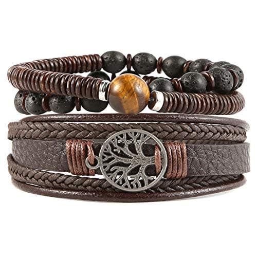Genuine Leather Tree of Life Bracelets for Men and Women with Tiger Eye Stone and Lava Rock Beads