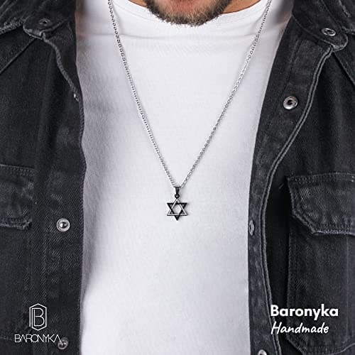 Baronyka Men's Stainless Steel Star of David Necklace, 24" with Extension