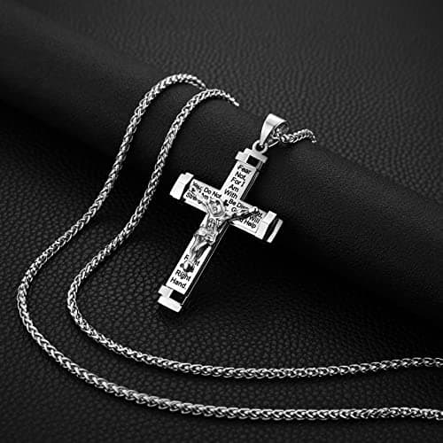Stainless Steel Cross Necklace with Lord's Prayer Pendant.