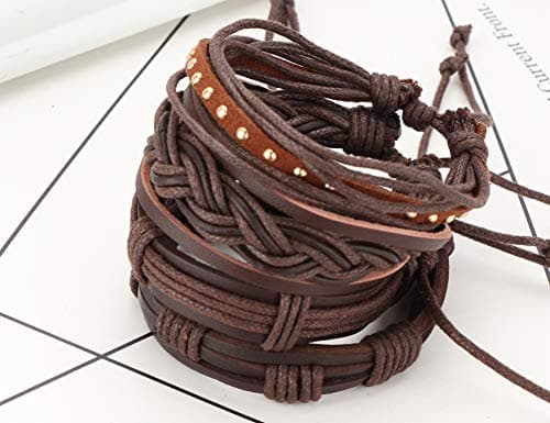 Jstyle Braided Leather Bracelet with Wooden Beads for Men & Women