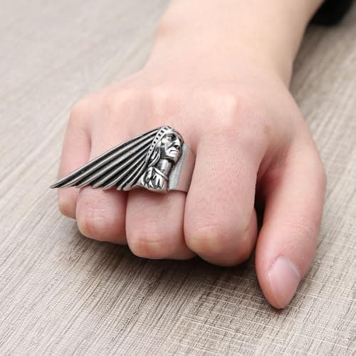 HZMAN Indian Chief Vintage Stainless Steel Head Ring for Men Jewelry Gift