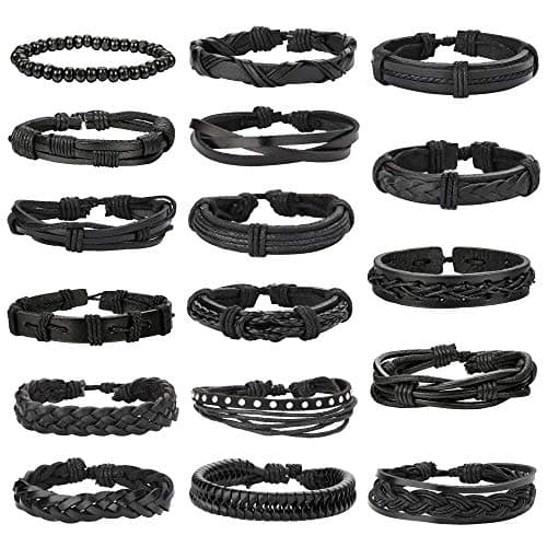 Jstyle Braided Leather Bracelet with Wooden Beads for Men & Women
