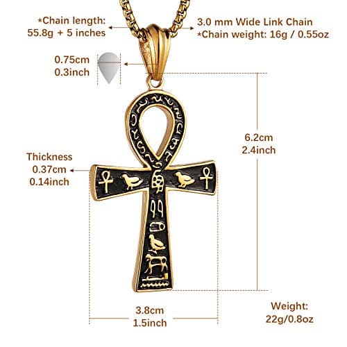 HZMAN Large Ankh Cross Pendant with 22+2 Inch Chain