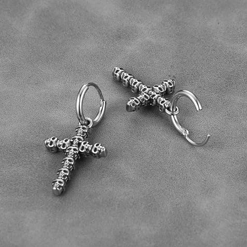 HZMAN Men's Stainless Steel Gothic Punk Skull Cross Earrings