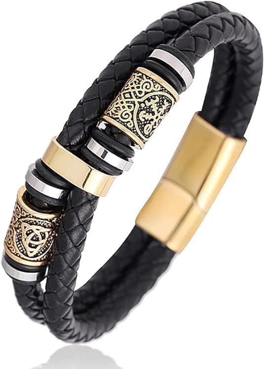 IMT-LLC Viking Style Men's Genuine Leather Braided Bracelet With Norse Runes Gift