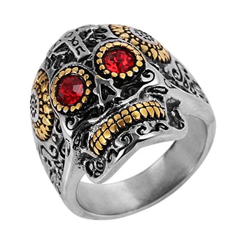 HZMAN Sugar Skull Rings for Men Women, CZ Eyes Stainless Steel Gothic Cross Jewelry