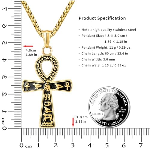 Ancient Egyptian Ankh Cross Pendant Necklace with Coptic Chain - 24 Inch Stainless Steel Chain