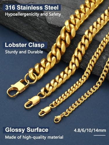 ChainsPro Men's Chunky Cuban Chain Necklace, Gold Plated, 18-30inch Length