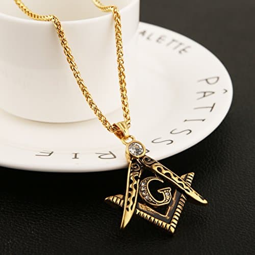 HZMAN Freemason Symbol Stainless Steel Pendant Necklace with Cubic Zirconia