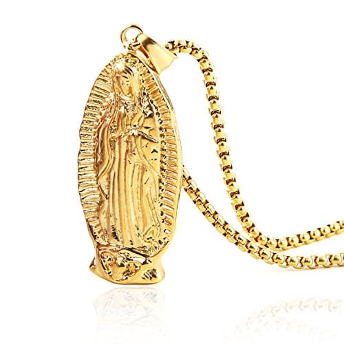 HZMAN Blessed Mother Mary Guadalupe Pendant Necklace with Steel Wheat Chain