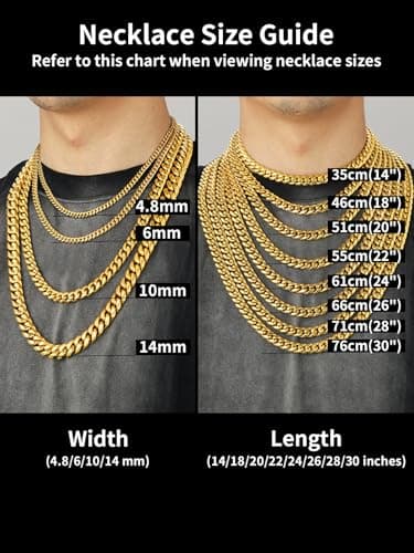 ChainsHouse Miami Cuban Link Chain Necklace for Men, 14K Gold Plated/SS/Black, 14"-30" Length