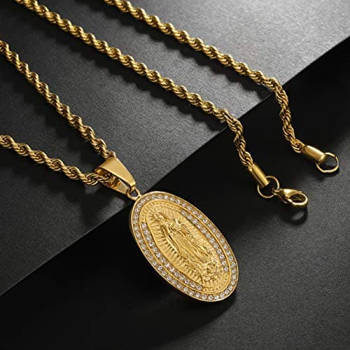 ROWIN&CO Mens 18K Gold Micro Pave Virgin Mary CZ Pendant with Gold Chain