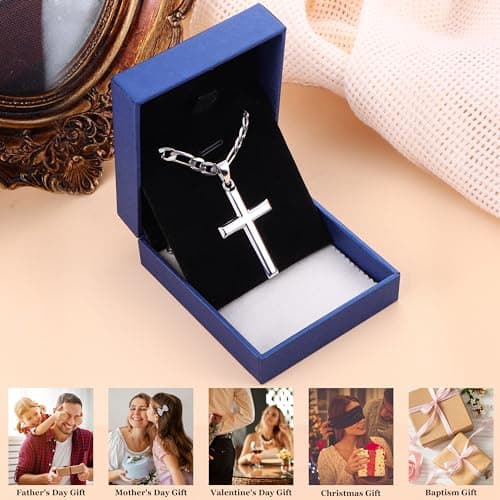 MILACOLATO Sterling Silver Cross Necklace, 5mm Stainless Steel Chain, Men & Women, 16-30 Inches