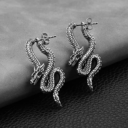HZMAN Retro Dragon Earrings Stainless Steel Gothic Punk Dragon Head Stud Earring Party Jewelry Gift for Men Women