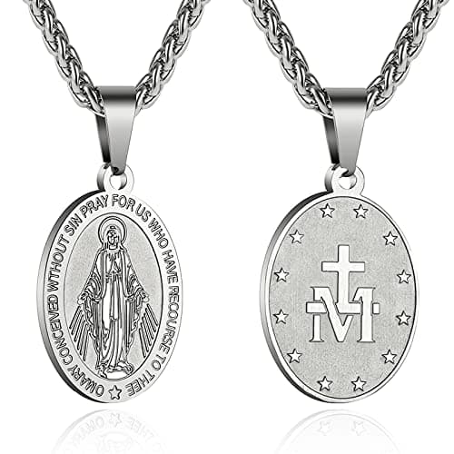 Apsvo Oval Catholic Saints Pendant Medallion, Stainless Steel Wheat Chain 24 Inches