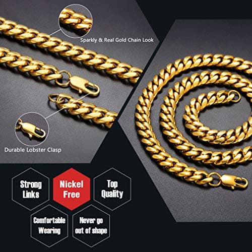 Men's Chunky Miami Cuban Chain Necklace with Custom Options - Available in Various Widths and Lengths, Gold Plated, Stainless Steel, or Black - Comes with Gift Box
