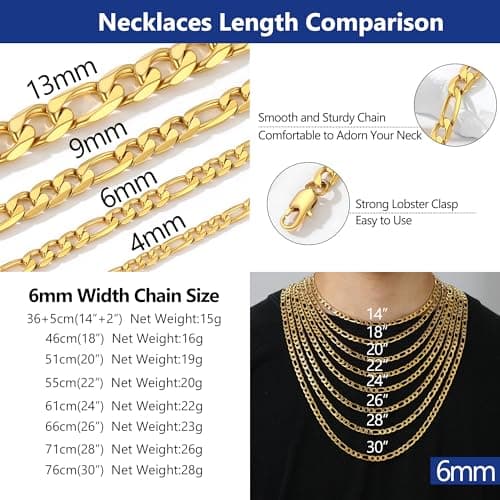 PROSTEEL Black 18K Gold Plated 316L Stainless Steel Figaro Chain Necklace, 14-30inch
