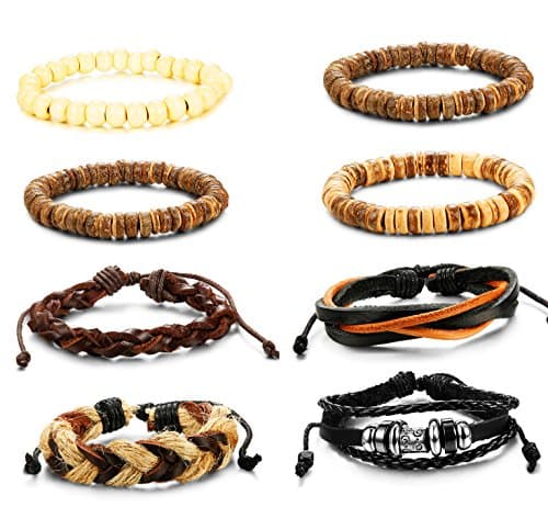 LOYALLOOK 8-34PCs Men's Leather Wrap Cuff Bracelets with Hemp Cords & Wood Beads