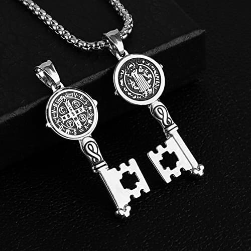 HZMAN Saint Benedict Key Pendant Against Evil Stainless Steel Necklace Silver