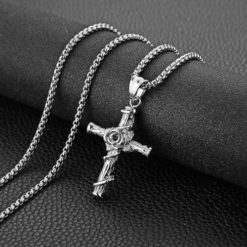 HZMAN Stainless Steel Rose Cross Necklace - Gothic Pendant Birthday Gift