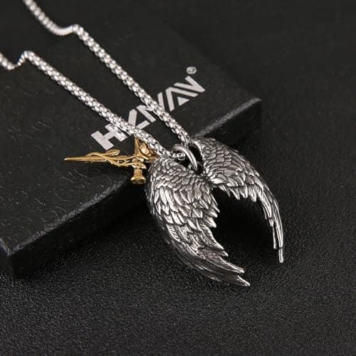 HZMAN Angel Wing Necklace, Stainless Steel Gothic Punk Cross Pendant Faith Amulet Jewelry Gift