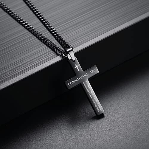 REVEMCN Men's Black Silver Stainless Steel Cross Necklace Faith Jewelry