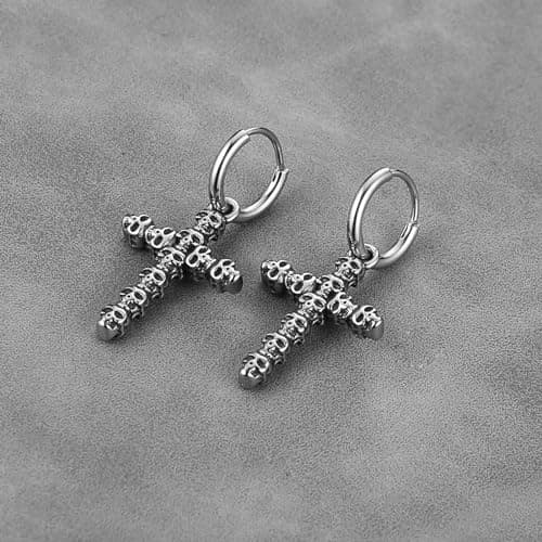 HZMAN Men's Stainless Steel Gothic Punk Skull Cross Earrings