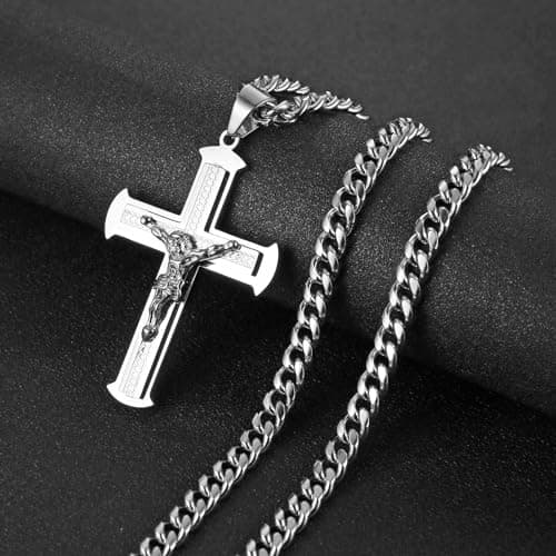 HZMAN Large Stainless Steel Crucifix Necklace for Men Christian Jewelry Gift