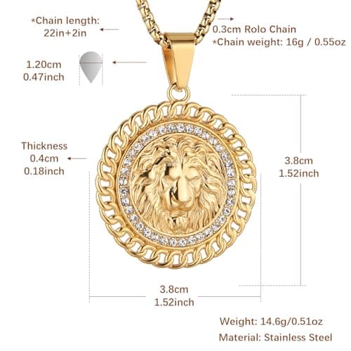 HZMAN 18K Gold Plated Lion Head Necklace for Men Stainless Steel Jewelry