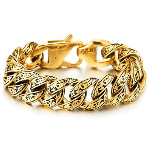 Vintage Stainless Steel Men's Curb Chain Bracelet with Tribal Tattoo Pattern