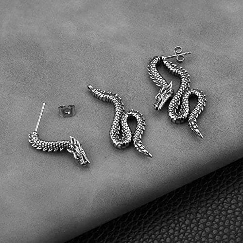 HZMAN Retro Dragon Earrings Stainless Steel Gothic Punk Dragon Head Stud Earring Party Jewelry Gift for Men Women